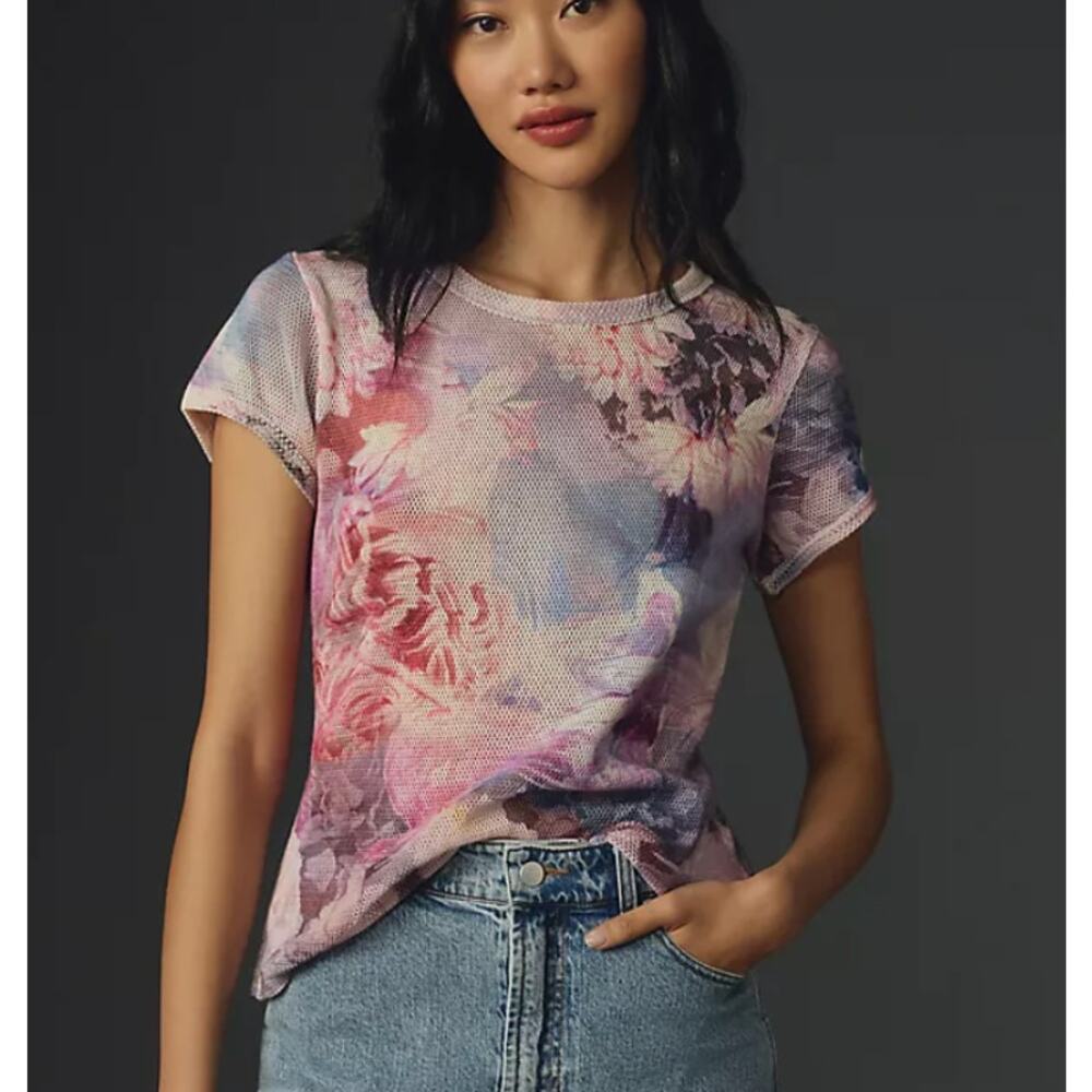 Pilcro Anthropologie Floral Mesh Ringer Tee Shirt XL - Picture 2 of 10